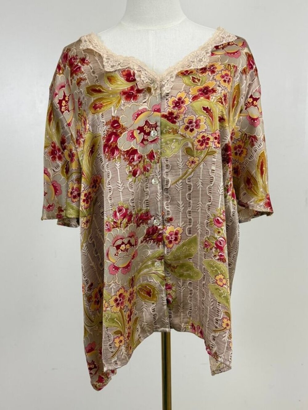 Oscar De La Renta Vintage 100% Silk Floral Plus Size 20W Blouse